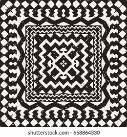 Black and white tribal vector seamless pattern with doodle elements. Aztec abstract geometric art print. Ethnic ornamental hand drawn backdrop.