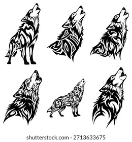 Ilustrações de lobo tribal preto e branco mostrando poses uivadas detalhadas com padrões intrincados e desenhos ideais para arte de tatuagem, design gráfico e marca cultural. O modelo