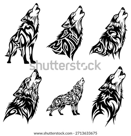Black and white tribal wolf illustrations showcasing detailed howling poses with intricate patterns and designs ideal for tattoo art, graphic design, and cultural branding. The stylized