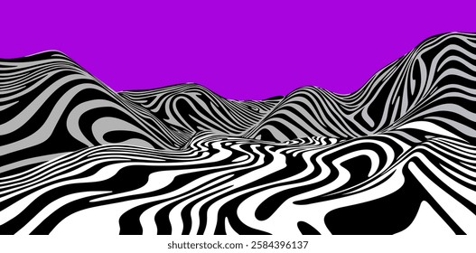 Black and white trippy wavy surface. Abstract mountains on purple background. Vector geometric psychedelic print.