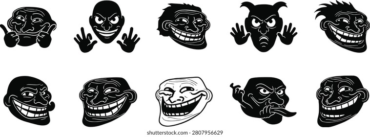 Black and white troll face meme collection, funny internet expressions, mischievous cartoon faces, comic illustration, humorous digital art design