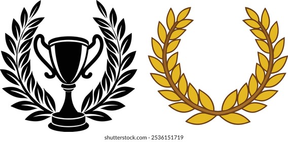 A black and white trophy cup surrounded by a black laurel wreath, and a separate gold laurel wreath. Both wreaths are circular and stylized.