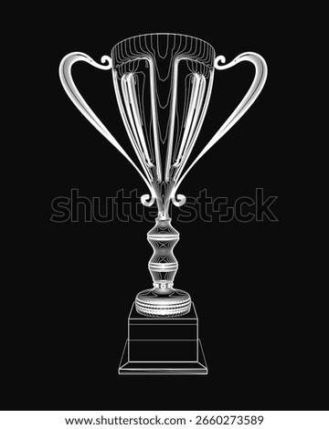 A black and white trophy stands prominently in the center, its clean contour highlighted against a stark black background. The minimalist design emphasizes the cup's elegant shape with sharp contrast.