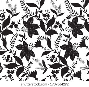 Black and white tropic background with Hibiscus flower and  leaves. Vector illustration. 