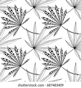 Black and White Tropic Leaves. Seamless Pattern with Tropical Zentangle Plants. Rapport for Textile, Paper, Print, Calico. Monochrome Texture