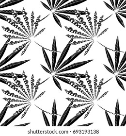 Black and White Tropic Leaves. Seamless Pattern with Tropical Zentangle Plants. Rapport for Textile, Paper, Print, Calico. Monochrome Texture
