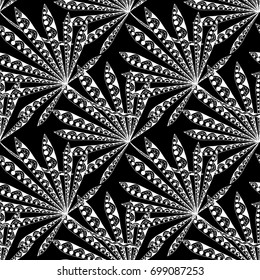 Black and White Tropic Leaves. Seamless Pattern with Tropical Zentangle Plants. Rapport for Textile, Paper, Print, Calico. Monochrome Texture