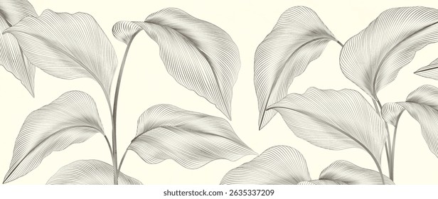Black and white tropical art background with leaves in line art style. Botanical banner for decor, print, textile, wallpaper, interior design, packaging.