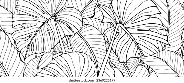 Black and white tropical background with monstera leaves and banana leaves. Tropical background for coloring, creating various designs and patterns. Silhouette of tropical leaves.