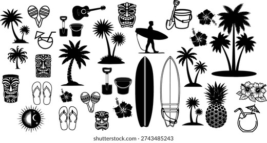 Black and white tropical beach including palm trees surfboards and tiki masks
