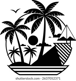 Black and white tropical beach scene with palm trees sun clouds and sailboat silhouette