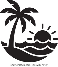 Black and white of a tropical beach scene with a palm tree and a sun setting or rising over ocean waves in a circular composition style