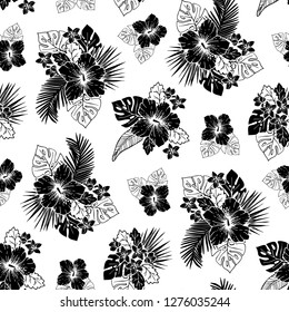 Black and White Tropical Exotic Foliage and Hibiscus Floral Vector Seamless Pattern. Line Drawing Background.