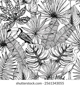 Black and White Tropical Floral Pattern with Birds