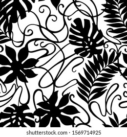 Black and white tropical florals, vintage ornament seamless pattern. Botanical illustration: tropical leaves silhouettes on tracery background. Palm, monstera leaf art nouveau repeat. Vector, EPS 10
