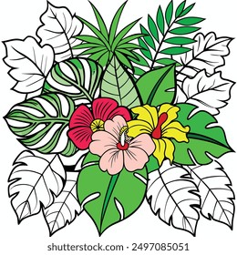 Black and white tropical flowers and leaves with green accents.