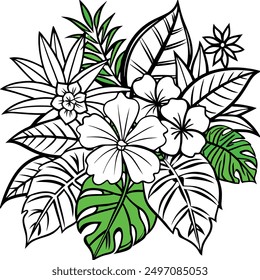 Black and white tropical flowers and leaves with green accents.