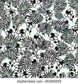 Black and white tropical flowers and palm leaves seamless pattern. Monochrome floral background. Illustration for adult coloring book.