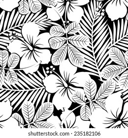 Black and white tropical hibiscus flowers and plants seamless pattern