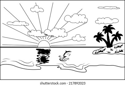 Black and white tropical landscape with palm tree, sun, seagulls and yacht