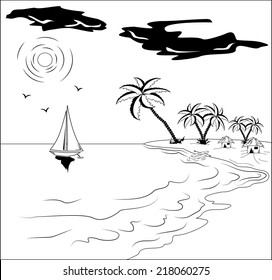 Black and white tropical landscape with palm tree, sun, seagulls and yacht