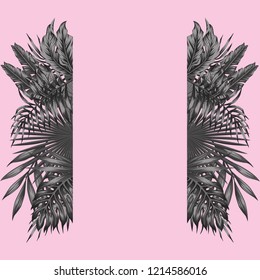 Black white tropical leaves floral botanical border pink background