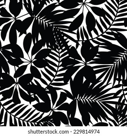 Black And White Tropical Leaves Seamless Pattern.