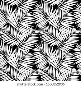 Black and white tropical palm leaf pattern. Seamless