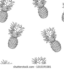 Black and white tropical pattern of hand-drawn pineapples. Summer fruit Doodle on white background.