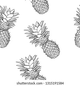 Black and white tropical pattern of hand-drawn pineapples. Summer fruit Doodle on white background.