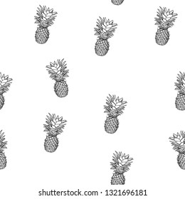 Black and white tropical pattern of hand-drawn pineapples. Summer fruit Doodle on white background.