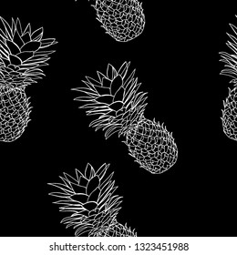 Black and white tropical pattern of hand-drawn pineapples. Summer fruit Doodle on black background.