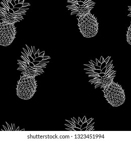 Black and white tropical pattern of hand-drawn pineapples. Summer fruit Doodle on black background.