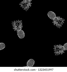 Black and white tropical pattern of hand-drawn pineapples. Summer fruit Doodle on black background.
