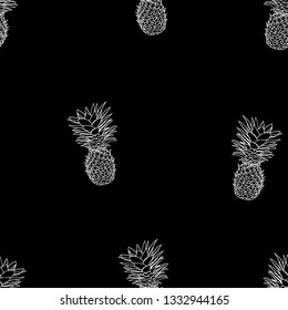 Black and white tropical pattern of hand-drawn pineapples. Summer fruit Doodle on black background.