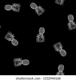 Black and white tropical pattern of hand-drawn pineapples. Summer fruit Doodle on black background.