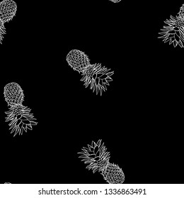 Black and white tropical pattern of hand-drawn pineapples. Summer fruit Doodle on black background.