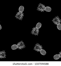 Black and white tropical pattern of hand-drawn pineapples. Summer fruit Doodle on black background.