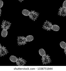 Black and white tropical pattern of hand-drawn pineapples. Summer fruit Doodle on black background.