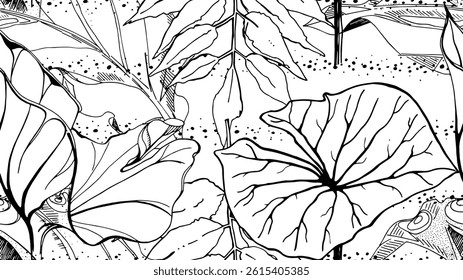 Patrón sin costuras tropical blanco y negro. Impresión de gráficos exóticos en contraste. Motivo moderno de rayas. Flor de verano, hoja en pincel abstracto. Orgánico, fondo de Vector trópico. Pinturas de acuarela, tinta, manchas.