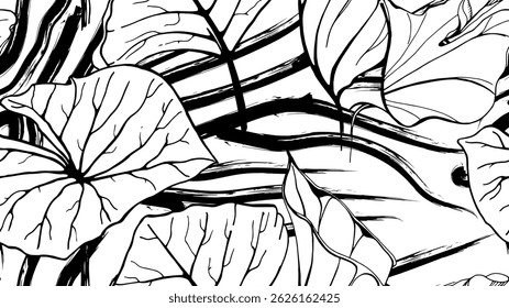 Black and white tropical seamless pattern. Contrast exotic graphics print. Modern stripes motif. Summer flower, leaf on abstract brush. Organic, tropic vector background.Watercolor daubs, ink, stains.