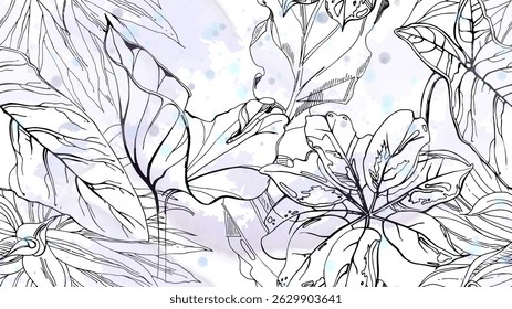 Black and white tropical seamless pattern under gentle watercolor blobs and stains. Contrast exotic graphics print. Modern summer flower, leaf on abstract brush. Organic, tropic vector background.