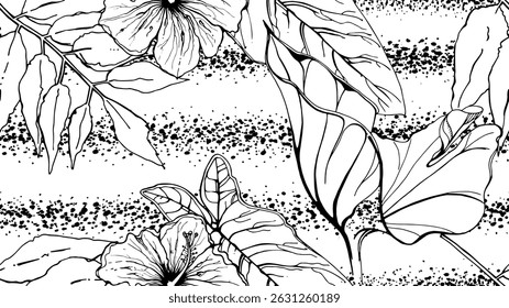 Black and white tropical seamless pattern. Contrast exotic graphics print. Modern stripes motif. Summer flower, leaf on abstract brush. Organic, tropic vector background.Watercolor daubs, ink, stains.