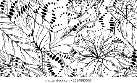 Black and white tropical seamless pattern. Contrast exotic graphics print. Modern stripes motif. Summer flower, leaf on abstract brush. Organic, tropic vector background.Watercolor daubs, ink, stains.