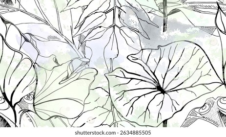 Black and white tropical seamless pattern under gentle watercolor blobs and stains. Contrast exotic graphics print. Modern summer flower, leaf on abstract brush. Organic, tropic vector background.