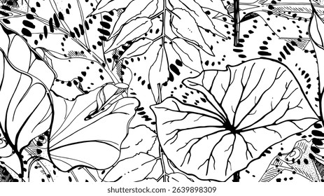 Black and white tropical seamless pattern. Contrast exotic graphics print. Modern stripes motif. Summer flower, leaf on abstract brush. Organic, tropic vector background.Watercolor daubs, ink, stains.