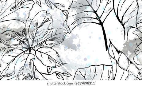 Black and white tropical seamless pattern under gentle watercolor blobs and stains. Contrast exotic graphics print. Modern summer flower, leaf on abstract brush. Organic, tropic vector background.