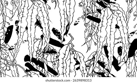Black and white tropical seamless pattern. Contrast exotic graphics print. Modern stripes motif. Summer flower, leaf on abstract brush. Organic, tropic vector background.Watercolor daubs, ink, stains.