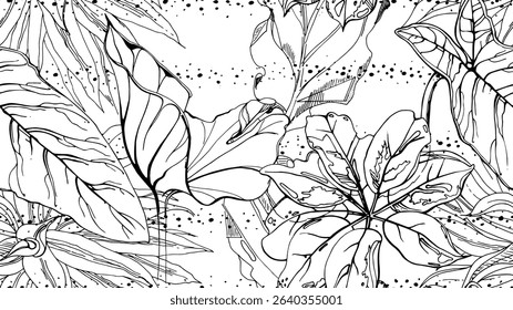 Black and white tropical seamless pattern. Contrast exotic graphics print. Modern stripes motif. Summer flower, leaf on abstract brush. Organic, tropic vector background.Watercolor daubs, ink, stains.