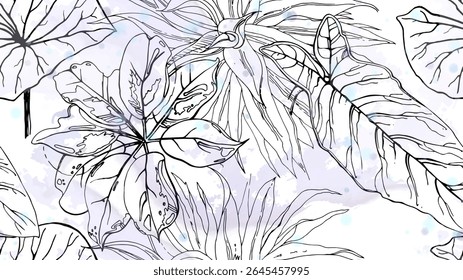 Padrão tropical sem costura preto e branco sob bolhas de aquarela suaves e manchas. Contraste de impressão gráfica exótica. Flor de verão moderna, folha em pincel abstrato. Vetor orgânico, trópico de fundo.